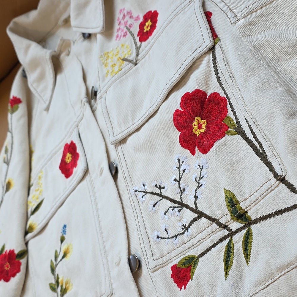 Anthropologie Limited Edition Cream Floral Embroidered Jean Jacket - Picture 12 of 16